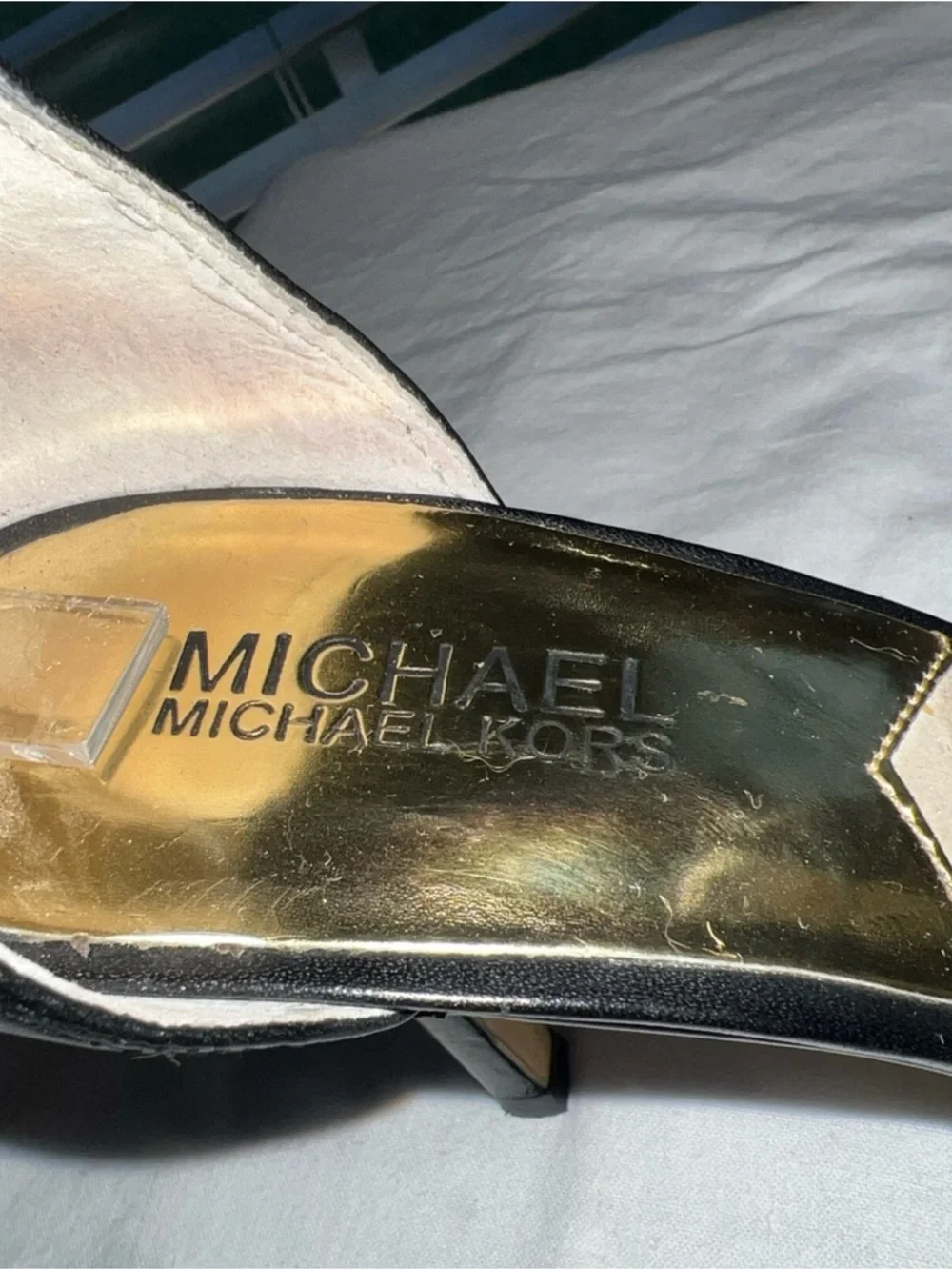 Michael Kors Womens Black Leather Ankle Strap Heels Shoes Sz 9.5M Zipper Gold - Picture 7 of 15